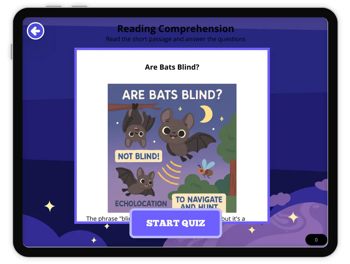 Interactive — Reading Comprehension preview: Are Bats Blind?  covering  standards - Page 1 of null