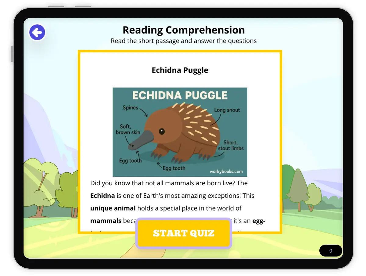 Interactive — Reading Comprehension preview: Echidna Puggle covering MS-LS1-4 standards - Page 1 of null