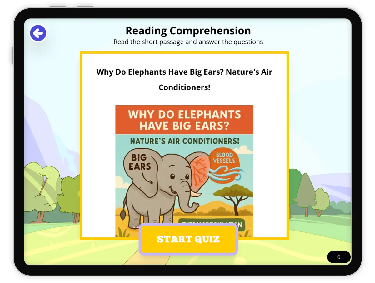 Interactive — Reading Comprehension preview: Why Do Elephants Have Big Ears?  covering  standards - Page 1 of null