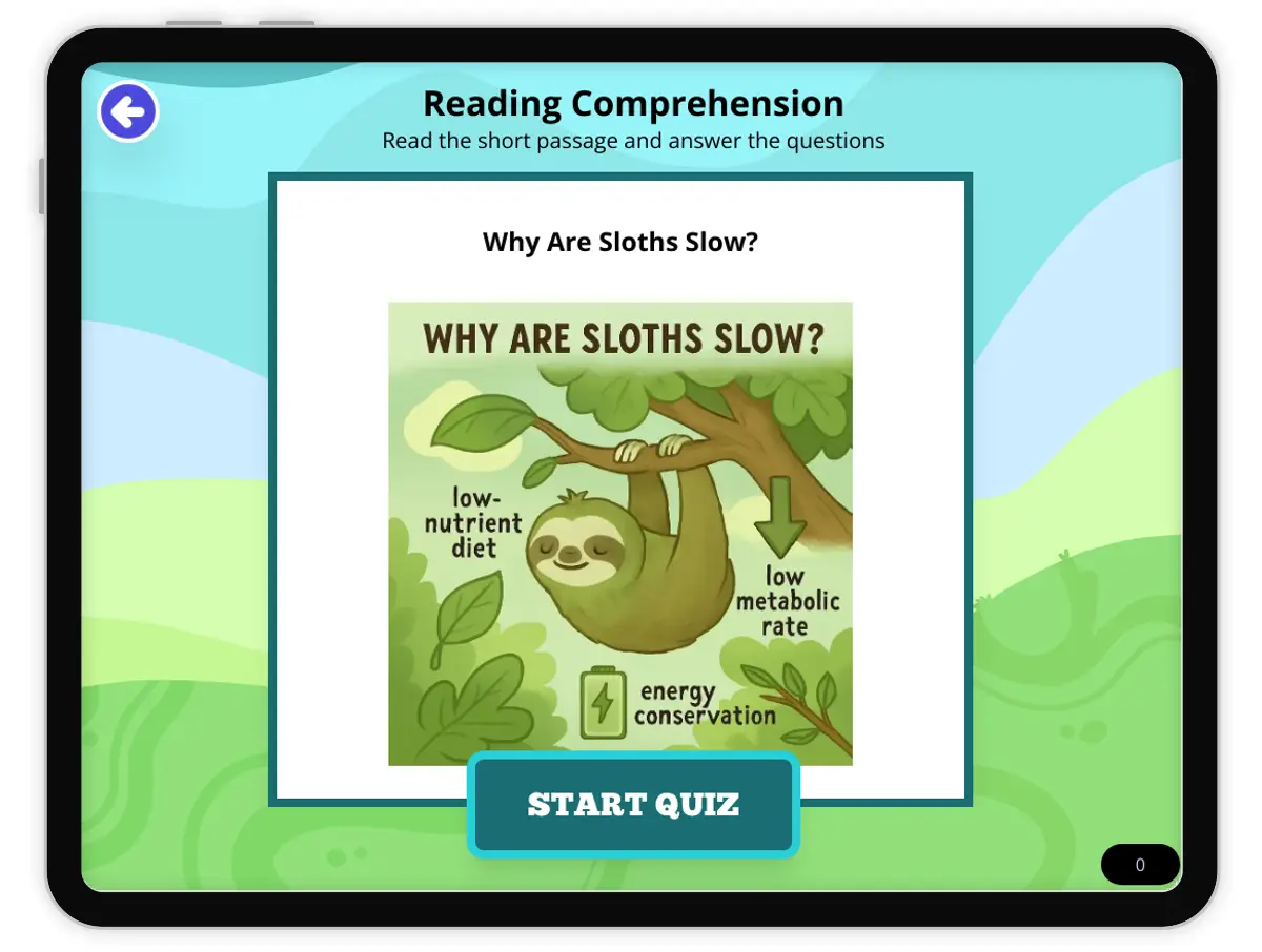 Interactive — Reading Comprehension preview: Why Are Sloths Slow?  covering  standards - Page 1 of null