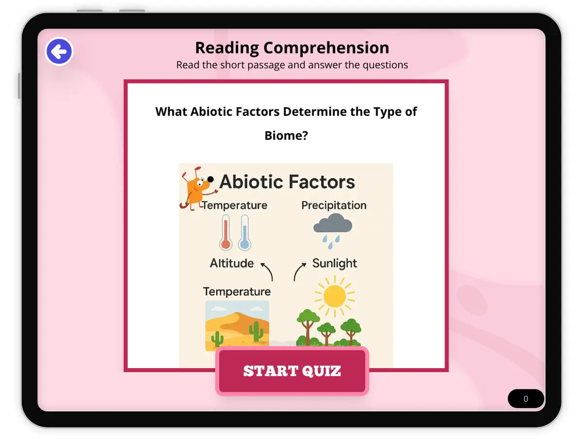 Interactive — Reading Comprehension preview: What Abiotic Factors Determine the Type of Biome? covering MS-LS1-5 standards - Page 1 of null