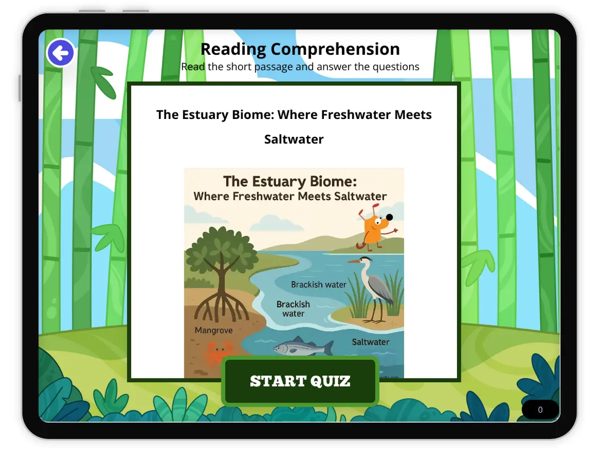 Interactive — Reading Comprehension preview: The Estuary Biome: Where Freshwater Meets Saltwater covering MS-LS1-2 standards - Page 1 of null