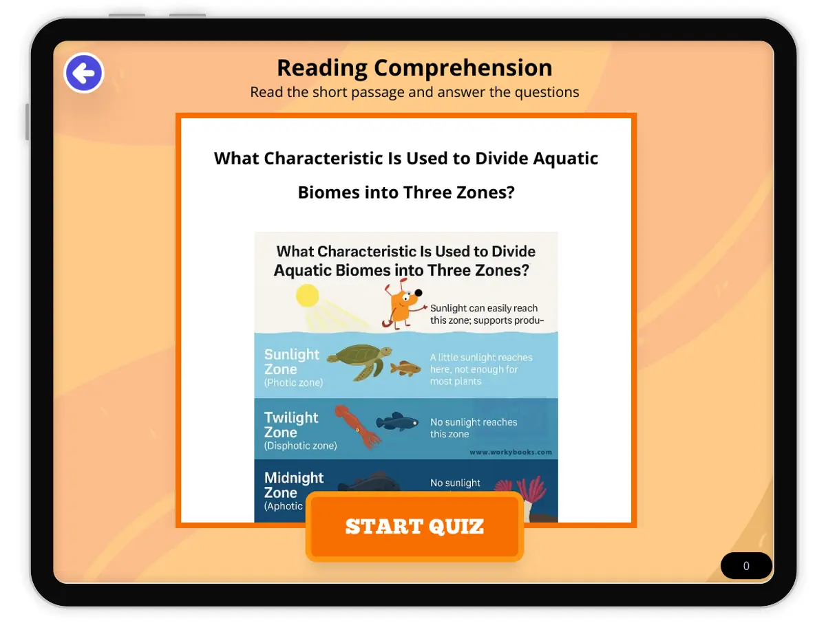 Interactive — Reading Comprehension preview: What Characteristic Is Used to Divide Aquatic Biomes into Three Zones? covering MS-LS1-3 standards - Page 1 of null