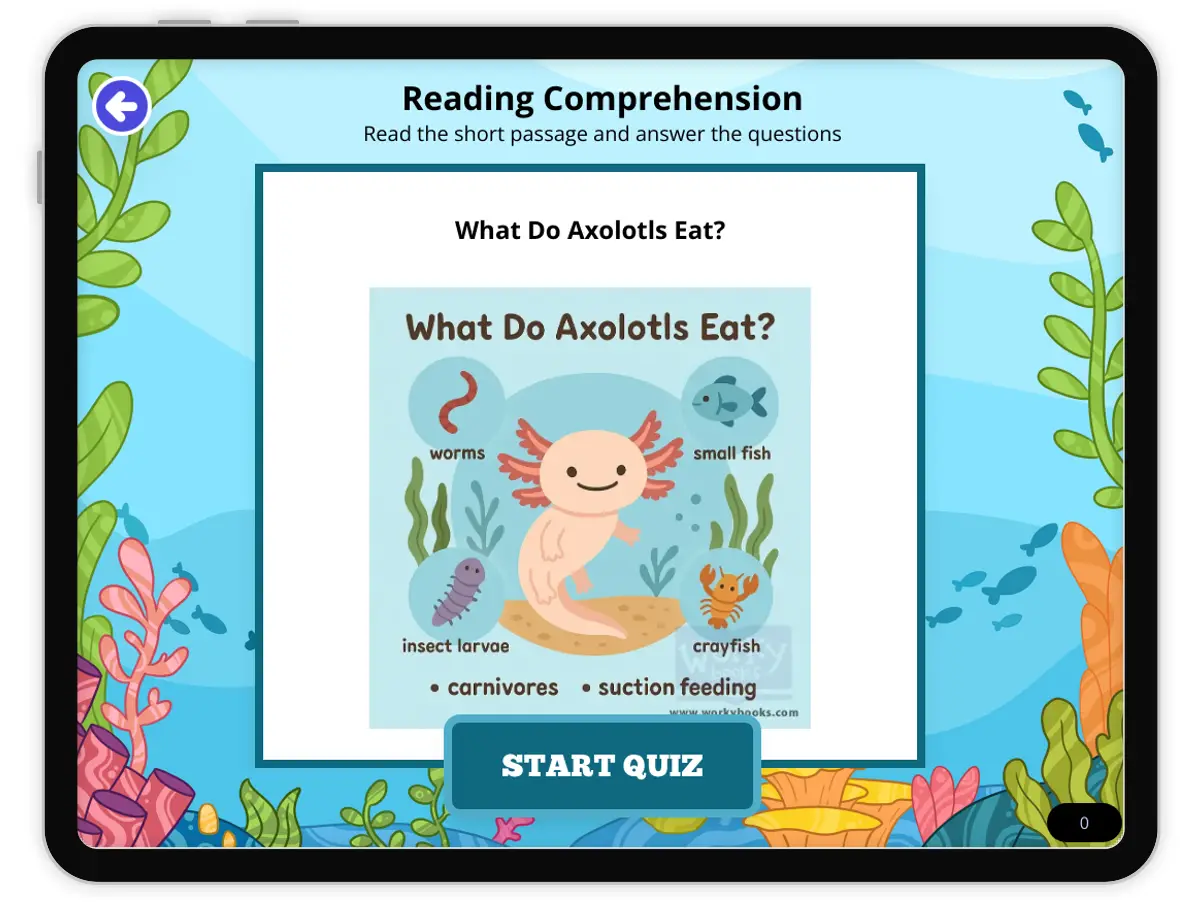 Interactive — Reading Comprehension preview: What Do Axolotls Eat? covering MS-LS2-1 standards - Page 1 of null