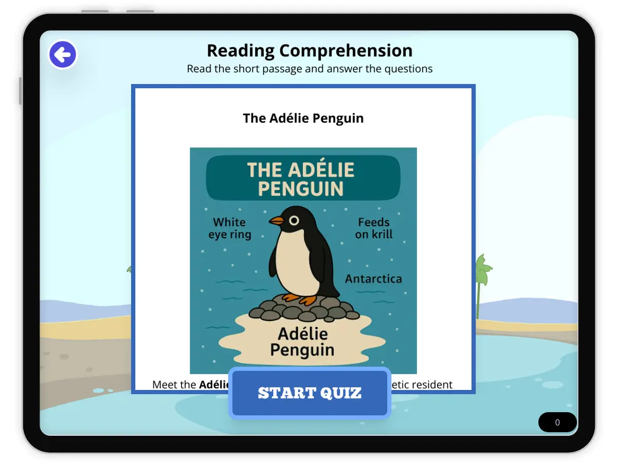 Interactive — Reading Comprehension preview: The Adélie Penguin covering MS-LS2-1 standards - Page 1 of null