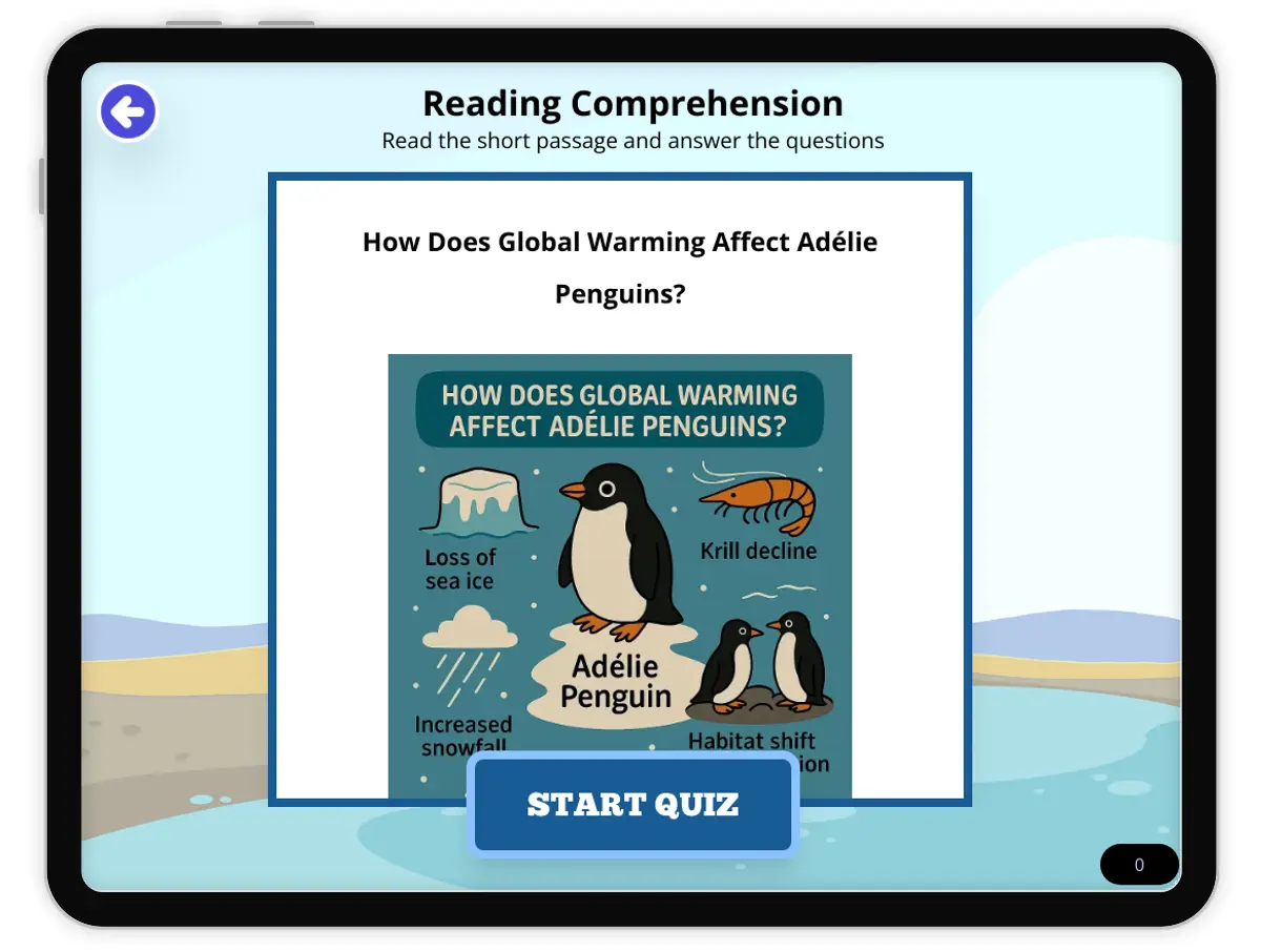Interactive — Reading Comprehension preview: How Does Global Warming Affect Adélie Penguins? covering MS-LS2-1 standards - Page 1 of null