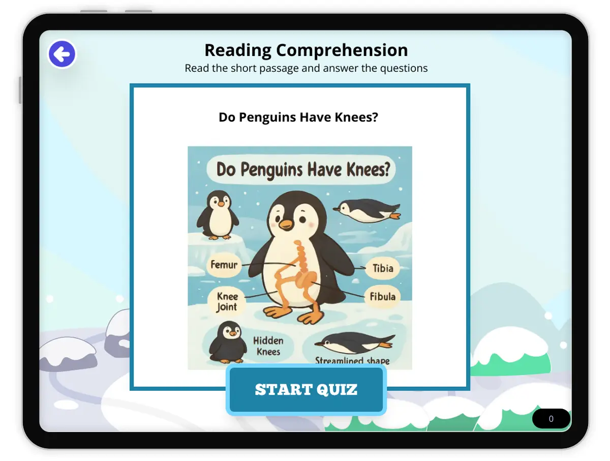 Interactive — Reading Comprehension preview: Do Penguins Have Knees?  covering MS-LS2-2 standards - Page 1 of null