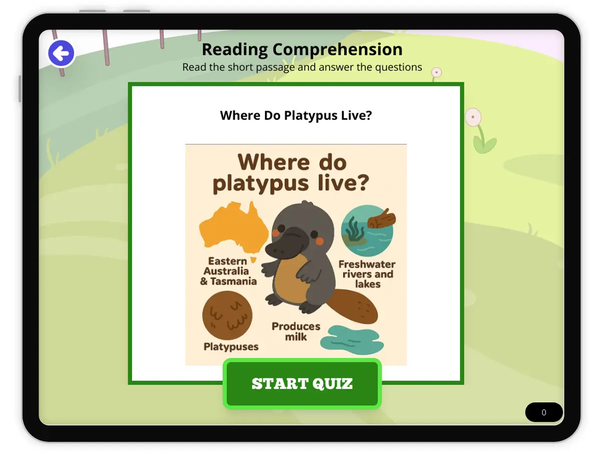 Interactive — Reading Comprehension preview: Where Do Platypus Live?  covering MS-LS1-1 standards - Page 1 of null