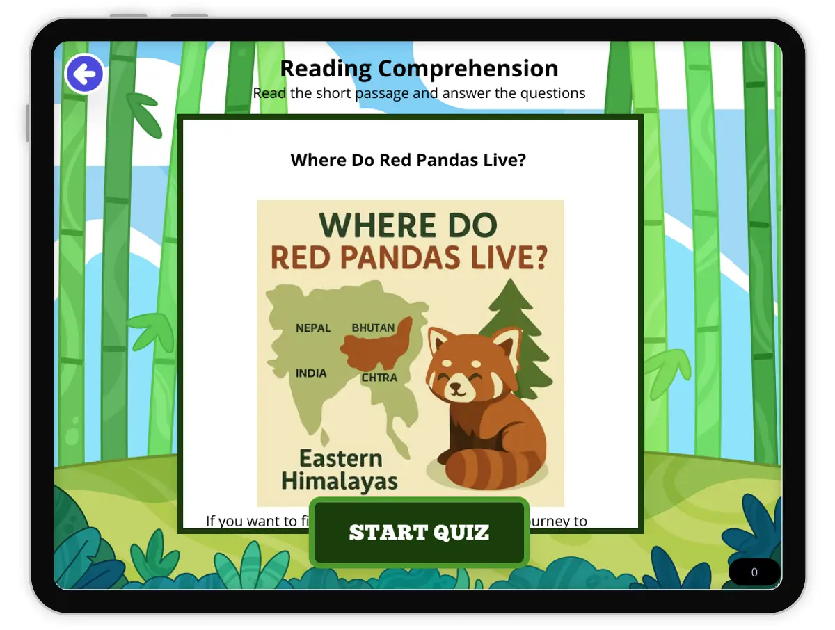 Interactive — Reading Comprehension preview: Where Do Red Pandas Live?  covering MS-LS1-1 standards - Page 1 of null