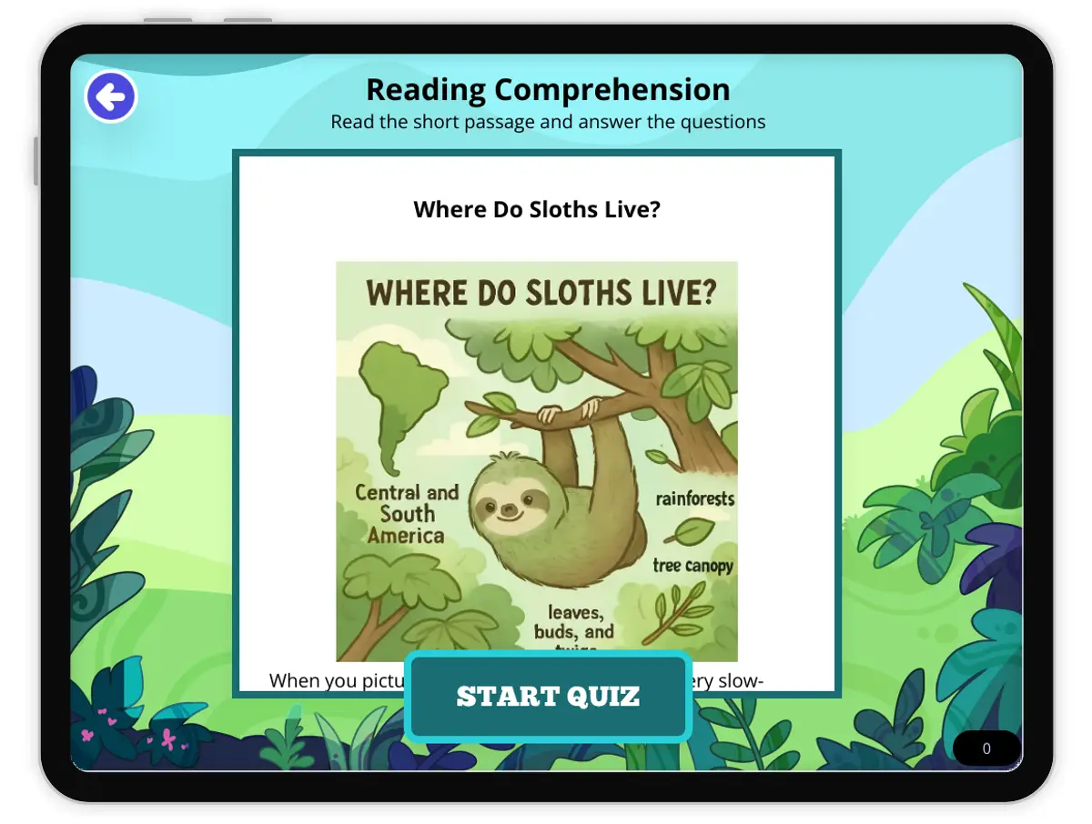 Interactive — Reading Comprehension preview: Where Do Sloths Live?  covering MS-LS4-D, MS-LS1-1 standards - Page 1 of null