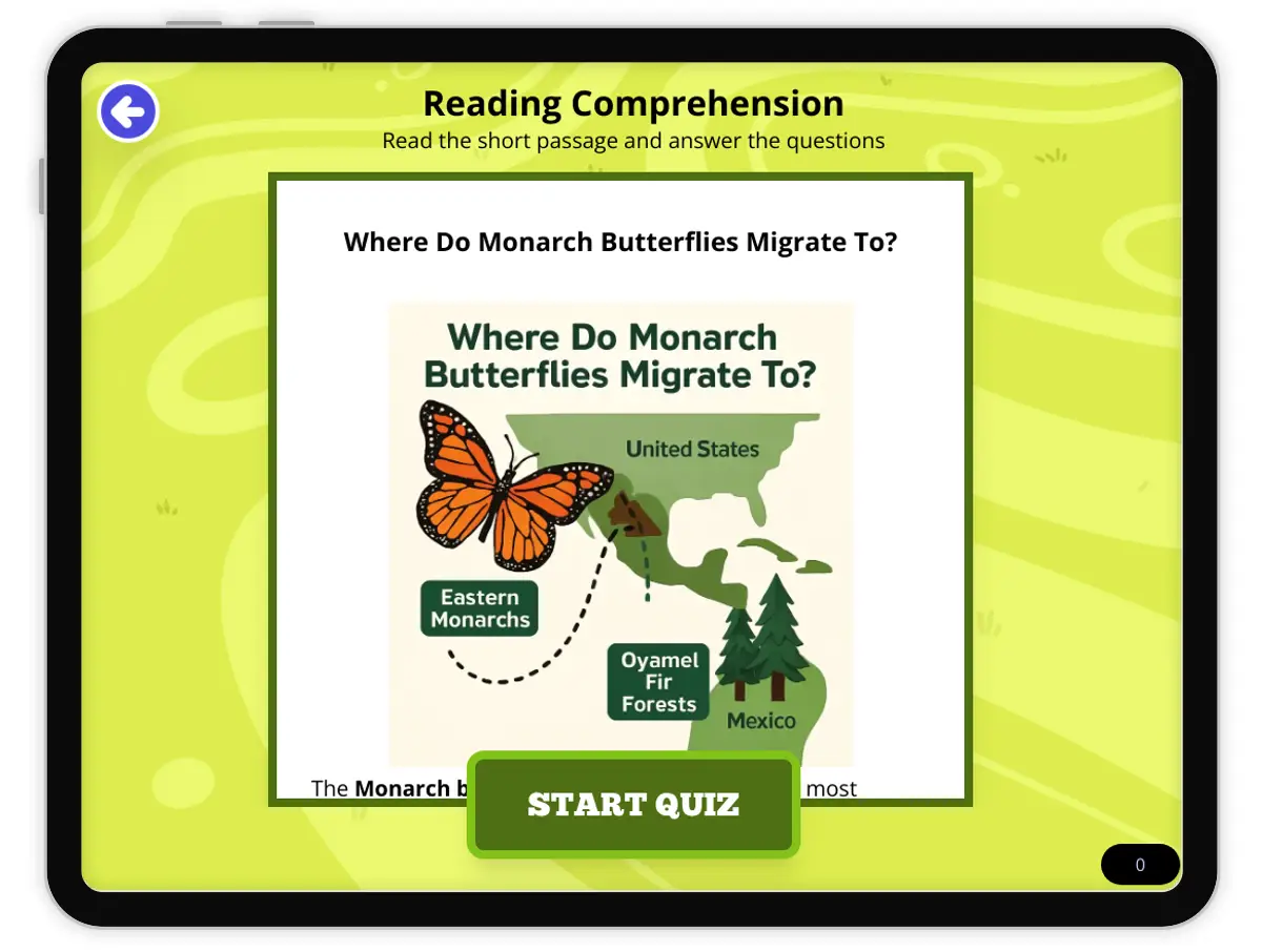 Interactive — Reading Comprehension preview: Where Do Monarch Butterflies Migrate To?  covering  standards - Page 1 of null