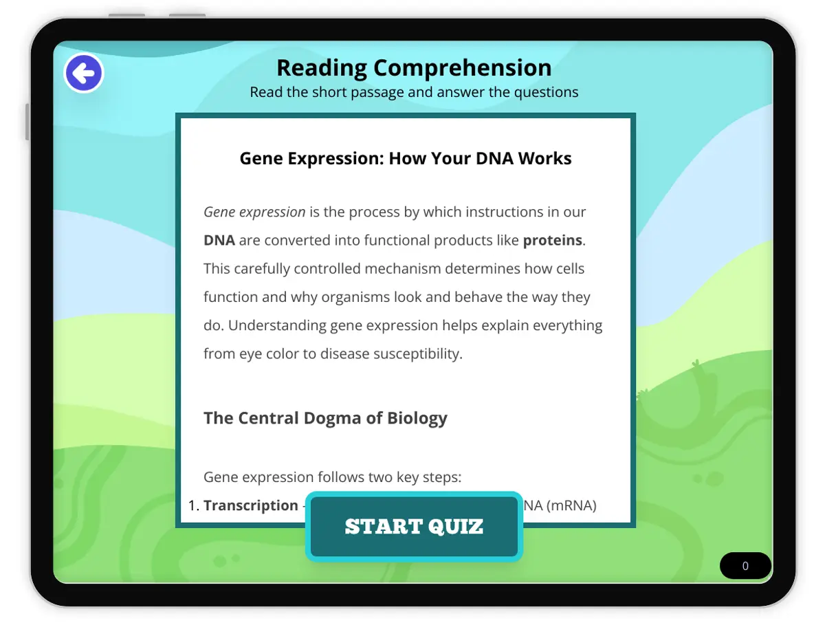 Interactive — Reading Comprehension preview: Gene Expression: How Your DNA Works covering MS-LS3-1 standards - Page 1 of null