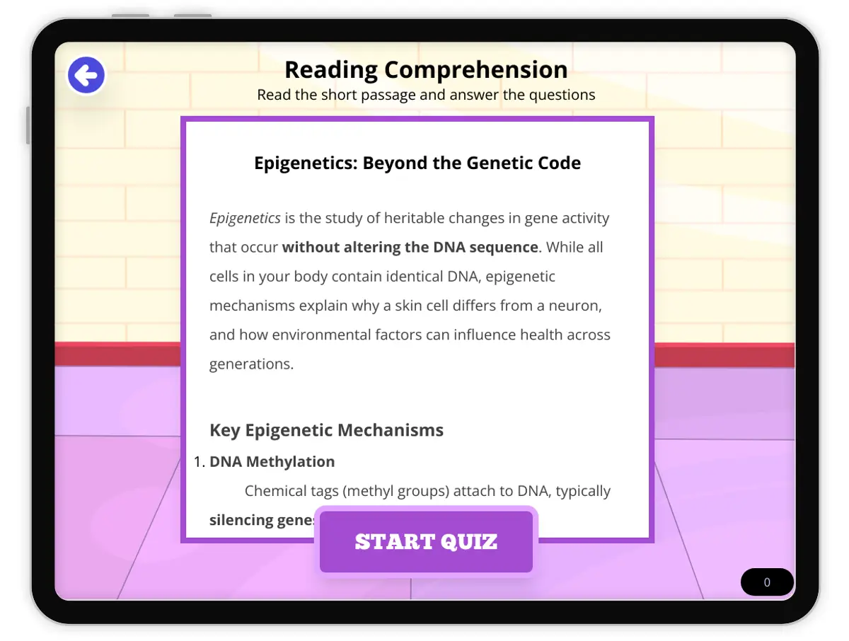 Interactive — Reading Comprehension preview: Epigenetics: Beyond the Genetic Code covering MS-LS3-1 standards - Page 1 of null