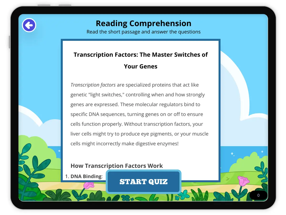 Interactive — Reading Comprehension preview: Transcription Factors: The Master Switches of Your Genes covering MS-LS3-1 standards - Page 1 of null