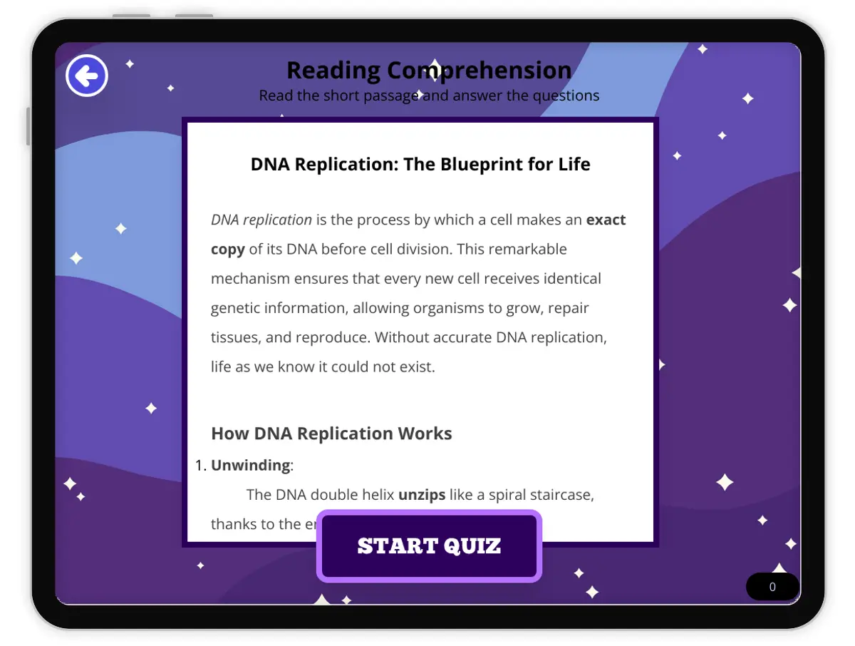 Interactive — Reading Comprehension preview: DNA Replication: The Blueprint for Life covering MS-LS3-1 standards - Page 1 of null