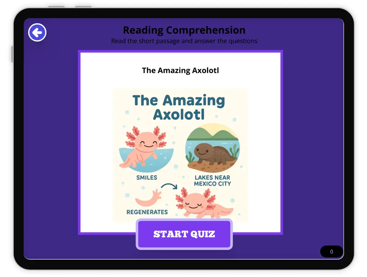Interactive — Reading Comprehension preview: The Amazing Axolotl covering 2-LS2-1 standards - Page 1 of null