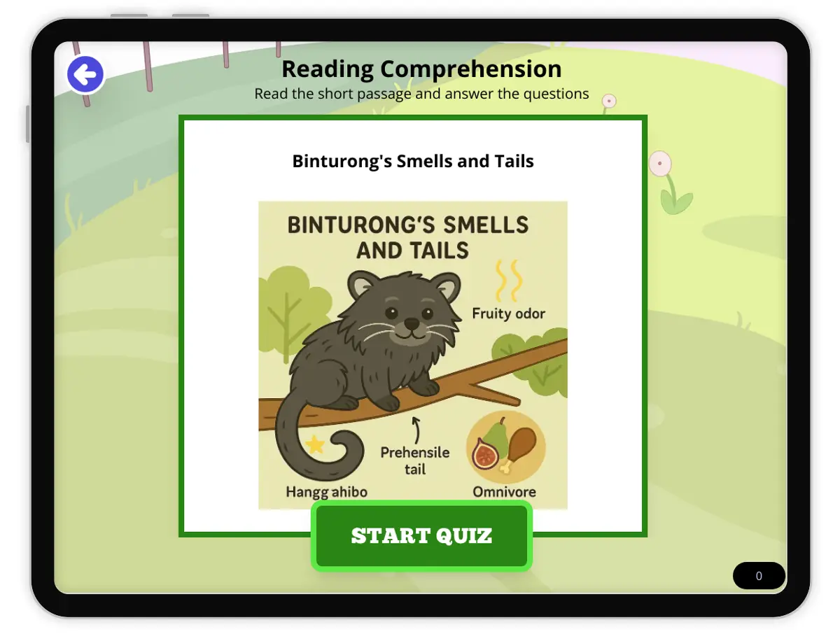 Interactive — Reading Comprehension preview: Binturong's Smells and Tails covering MS-LS4-C standards - Page 1 of null