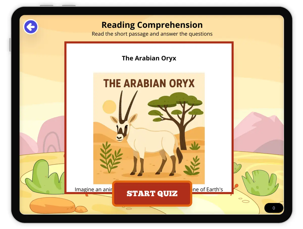 Interactive — Reading Comprehension preview: The Arabian Oryx covering MS-LS4-D, MS-LS1-1 standards - Page 1 of null