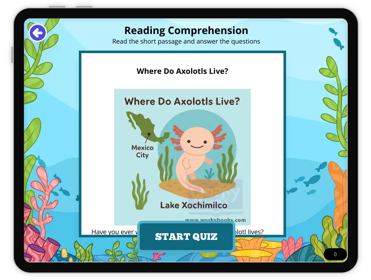Interactive — Reading Comprehension preview: Where Do Axolotls Live? covering MS-LS4-D, MS-LS2-1 standards - Page 1 of null