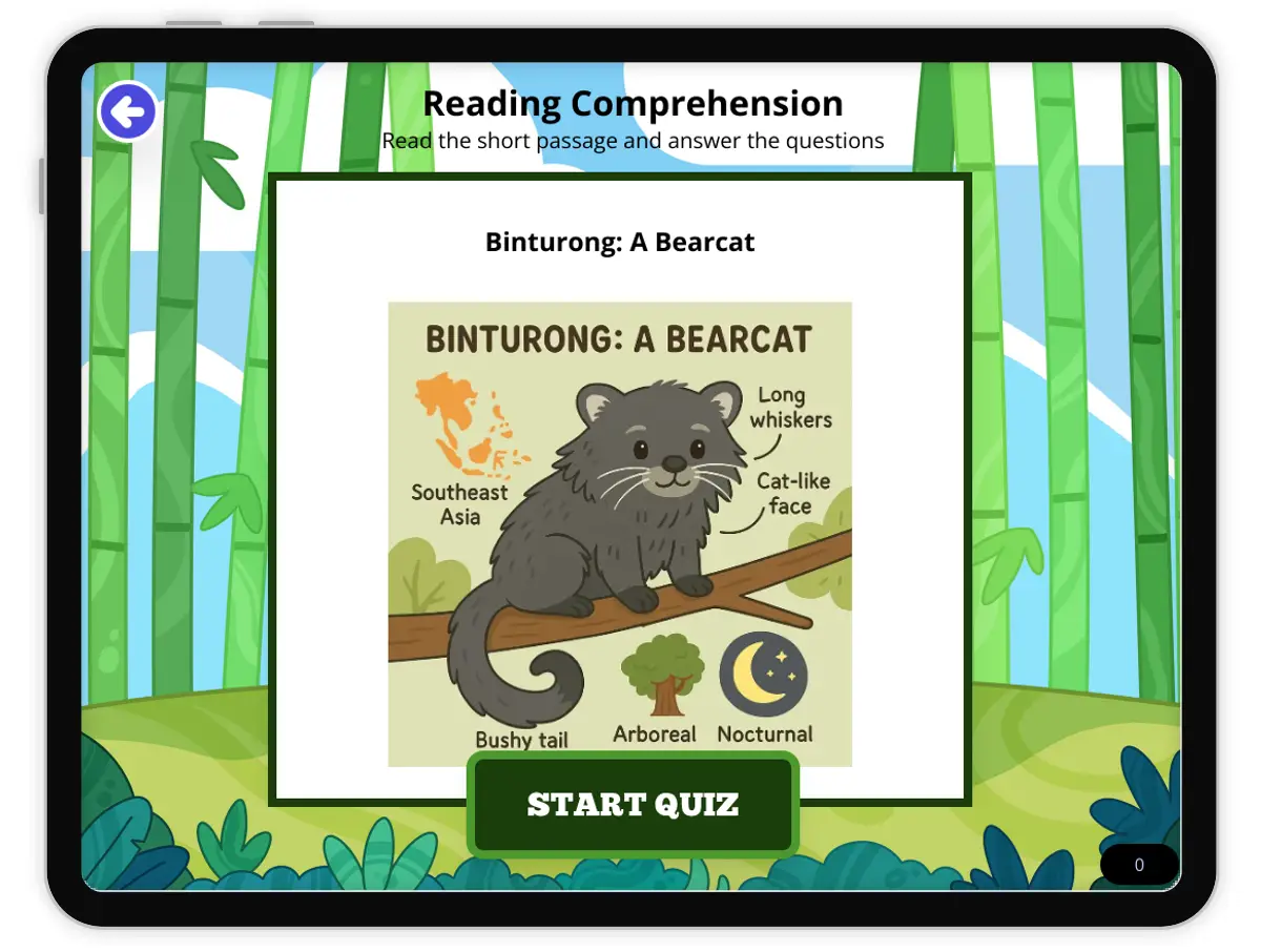 Interactive — Reading Comprehension preview: Binturong: A Bearcat covering MS-LS4-D standards - Page 1 of null
