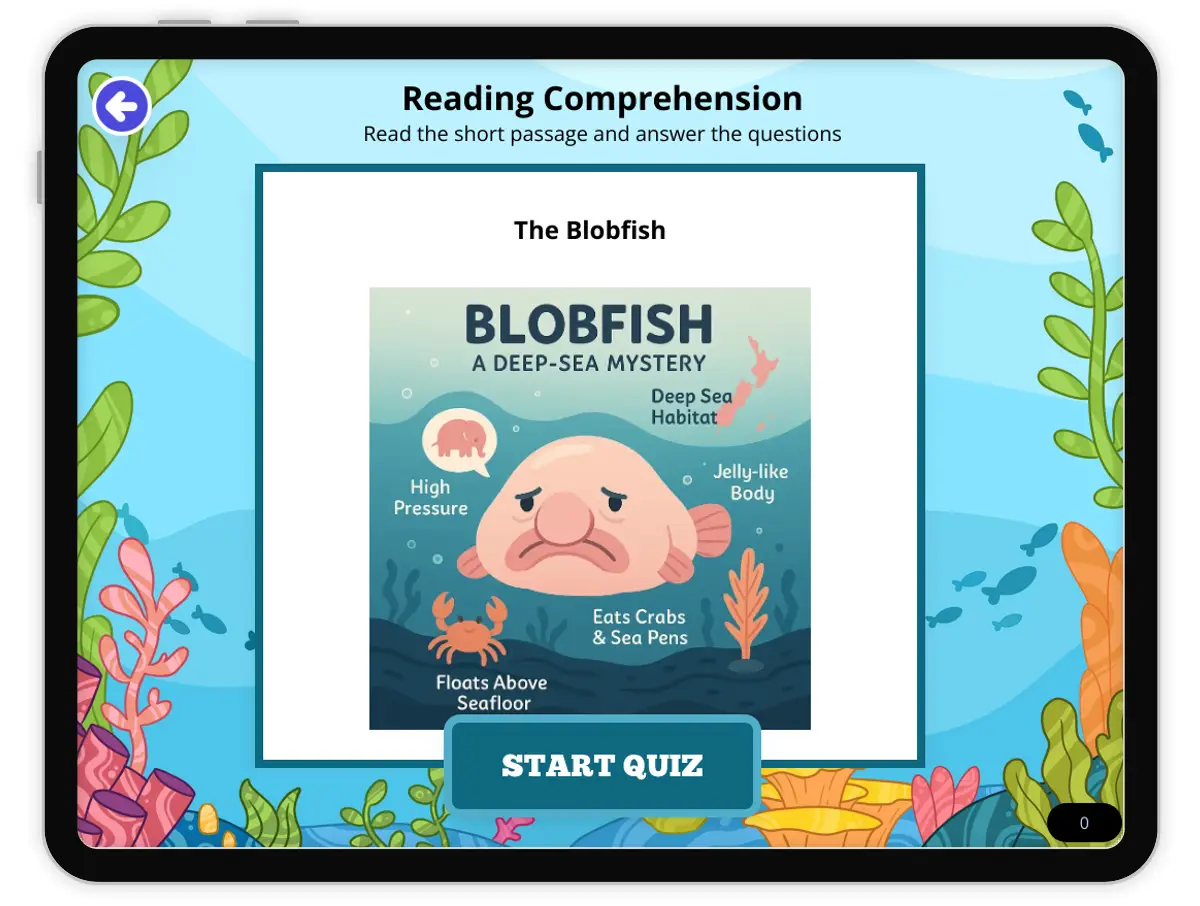Interactive — Reading Comprehension preview: The Blobfish covering MS-LS4-D, MS-LS2-1 standards - Page 1 of null