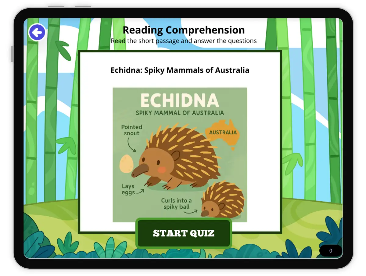 Interactive — Reading Comprehension preview: Echidna: Spiky Mammals of Australia covering MS-LS4-D standards - Page 1 of null