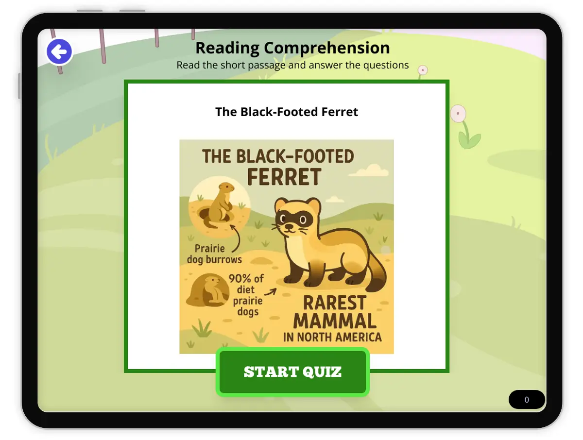 Interactive — Reading Comprehension preview: The Black-Footed Ferret covering MS-LS4-D, MS-LS1-1 standards - Page 1 of null
