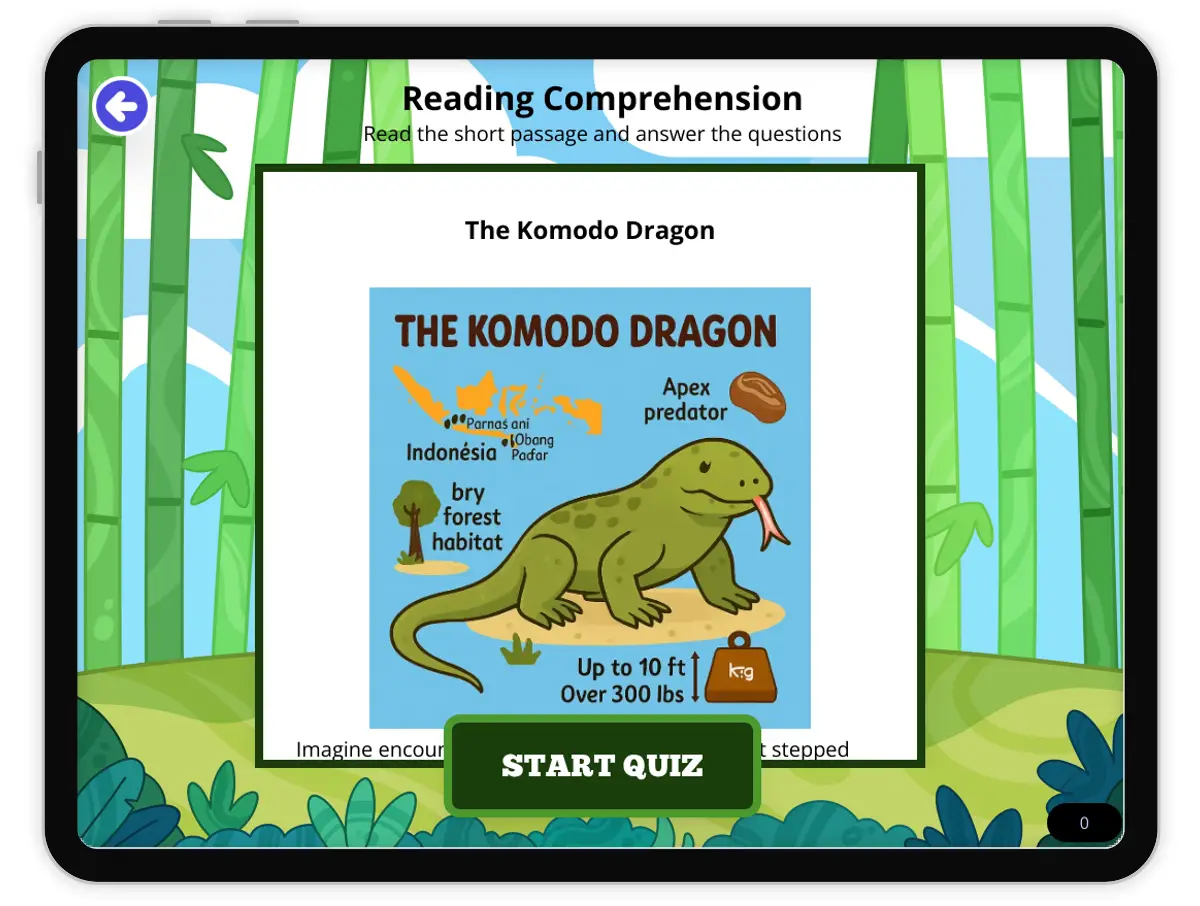 Interactive — Reading Comprehension preview: The Komodo Dragon covering MS-LS4-D, MS-LS1-1 standards - Page 1 of null