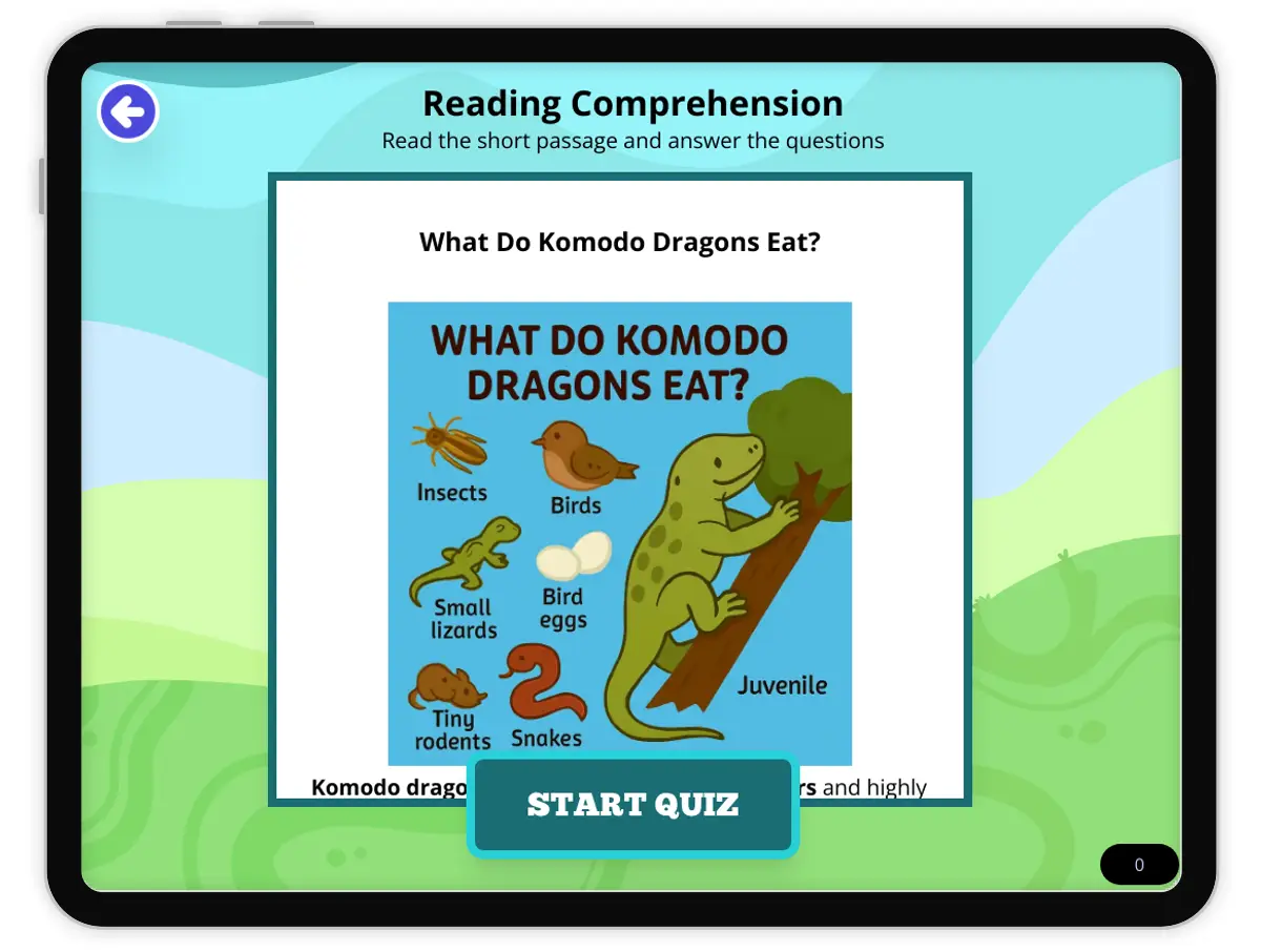 Interactive — Reading Comprehension preview: What Do Komodo Dragons Eat? covering MS-LS4-D, MS-LS1-1 standards - Page 1 of null