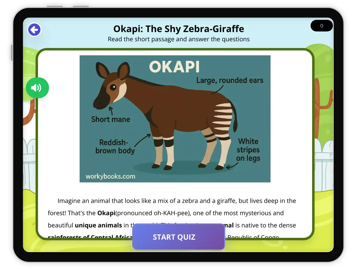 Interactive — Reading Comprehension preview: Okapi: The Shy Zebra-Giraffe covering MS-LS4-D, MS-LS4 standards - Page 1 of null