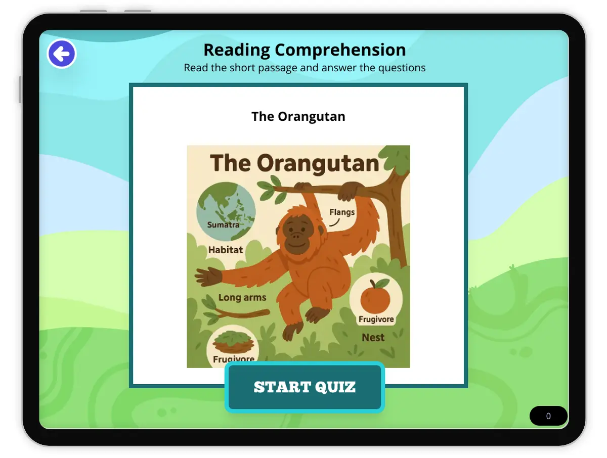 Interactive — Reading Comprehension preview: The Orangutan covering MS-LS4-D, MS-LS1-1 standards - Page 1 of null