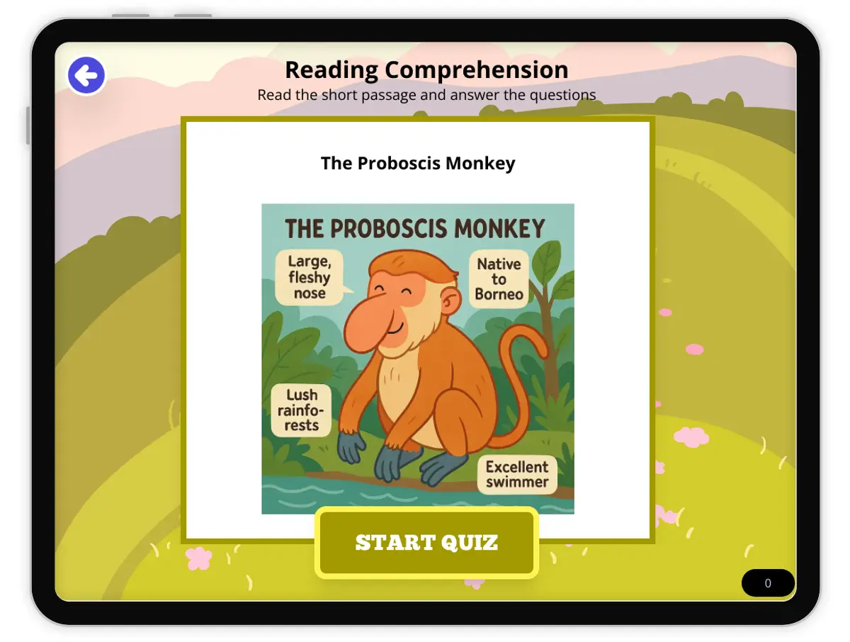 Interactive — Reading Comprehension preview: The Proboscis Monkey covering MS-LS4-D, MS-LS1-1 standards - Page 1 of null