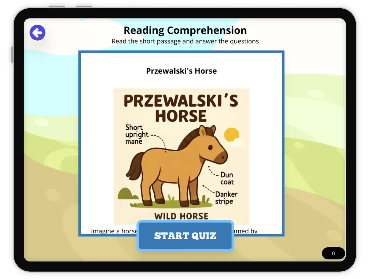 Interactive — Reading Comprehension preview: Przewalski's Horse covering MS-LS4-D, MS-LS1-1 standards - Page 1 of null