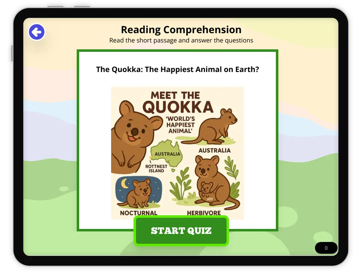 Interactive — Reading Comprehension preview: The Quokka covering MS-LS4-D, MS-LS1-1 standards - Page 1 of null