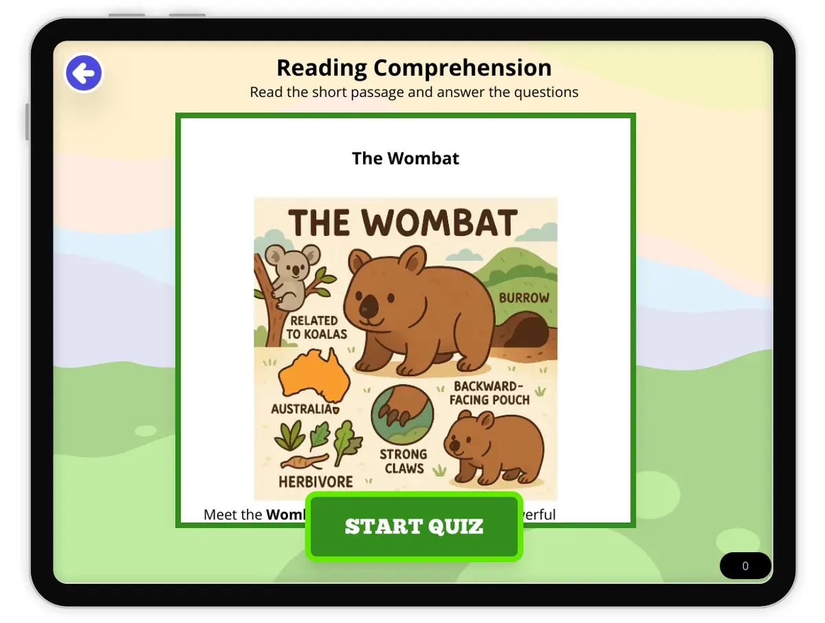 Interactive — Reading Comprehension preview: The Wombat covering MS-LS4-D, MS-LS1-1 standards - Page 1 of null