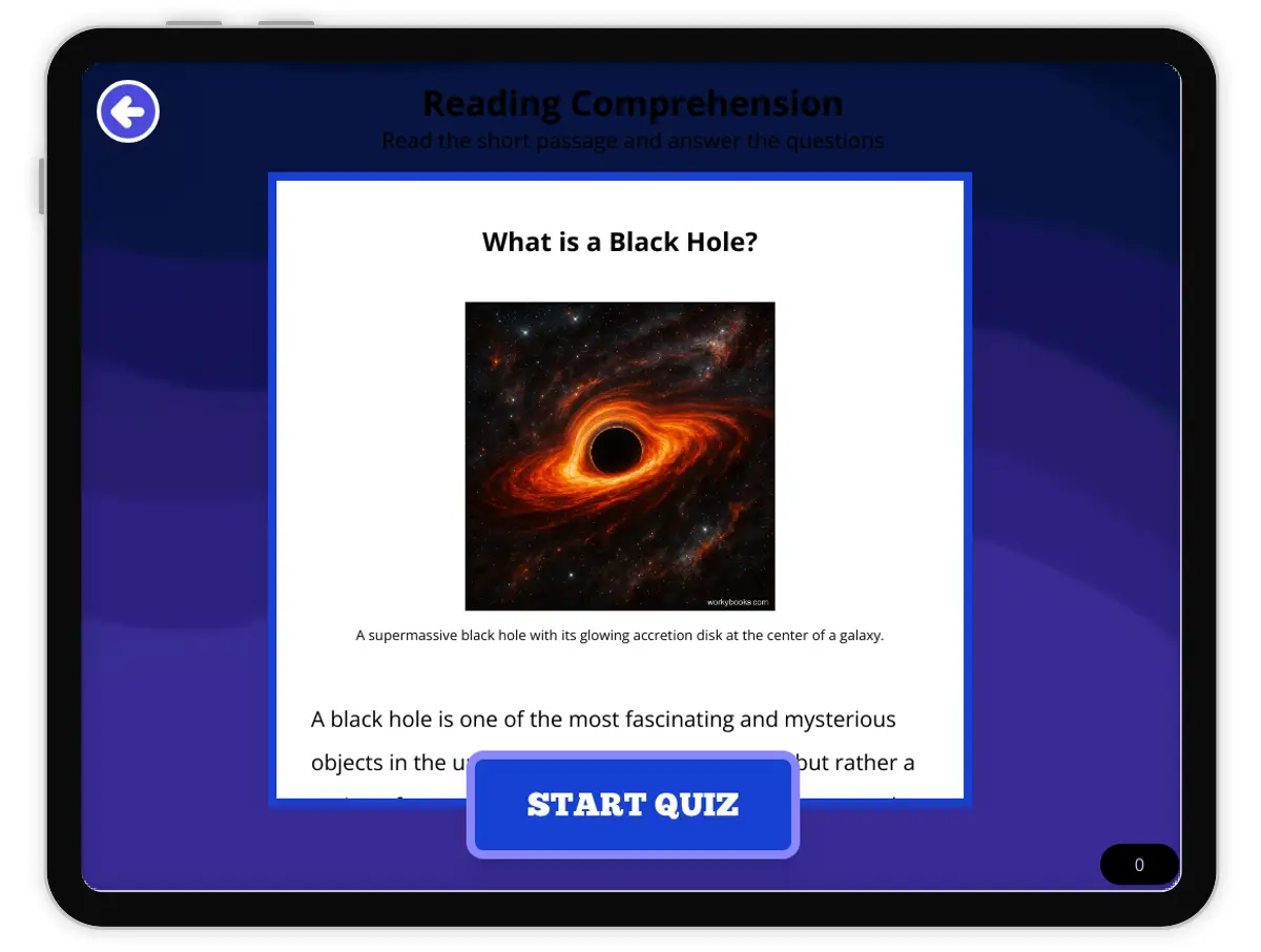 Interactive — Reading Comprehension preview: What is a Black Hole? covering  standards - Page 1 of null