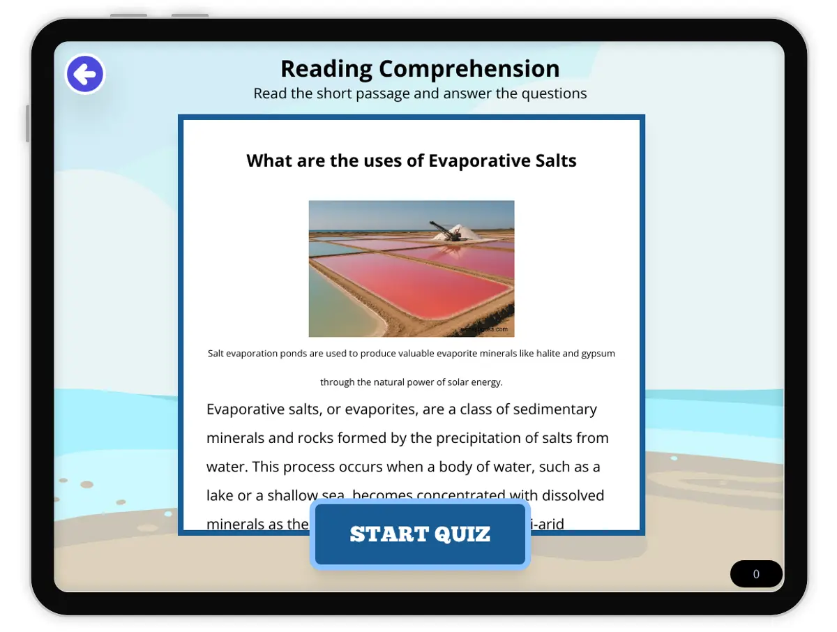 Interactive — Reading Comprehension preview: What are the uses of Evaporative Salts covering  standards - Page 1 of null