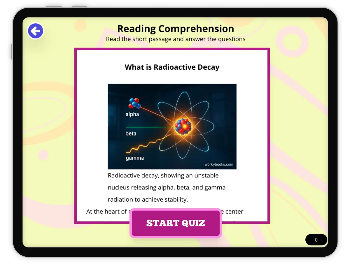 Interactive — Reading Comprehension preview: What is Radioactive Decay covering  standards - Page 1 of null