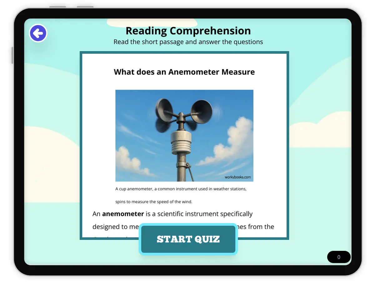 Interactive — Reading Comprehension preview: What does an Anemometer Measure covering  standards - Page 1 of null