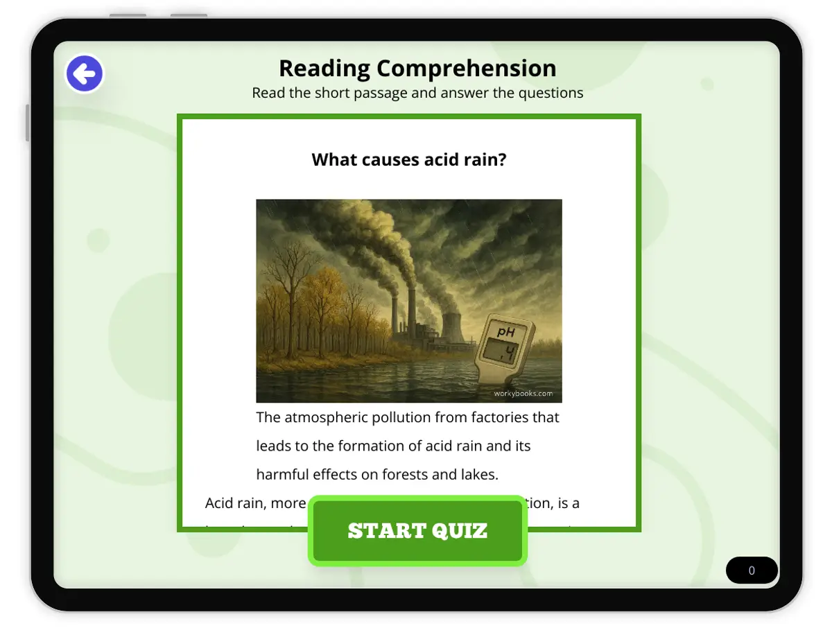 Interactive — Reading Comprehension preview: What causes Acid rain? covering  standards - Page 1 of null