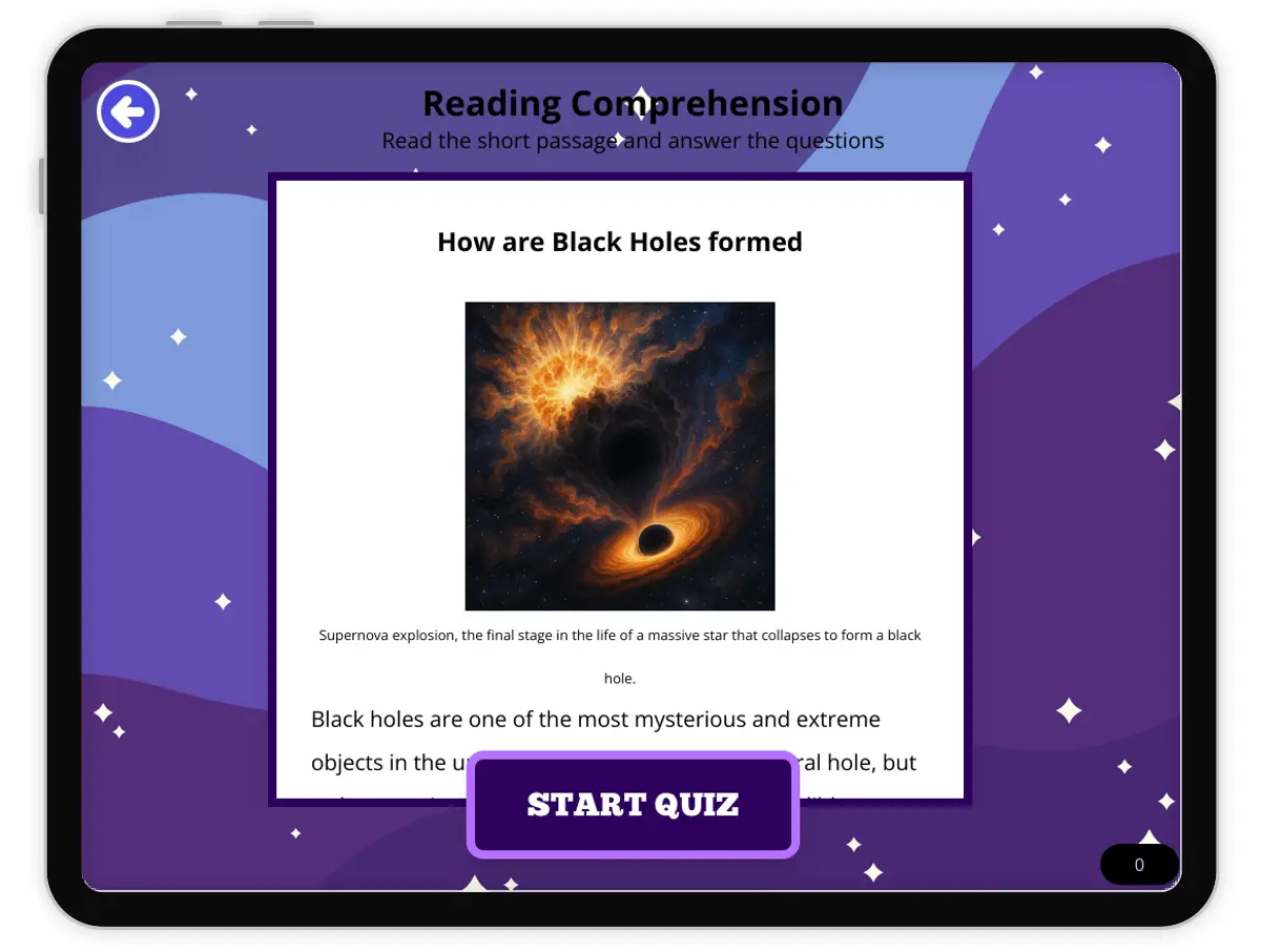 Interactive — Reading Comprehension preview: How are Black Holes formed covering  standards - Page 1 of null