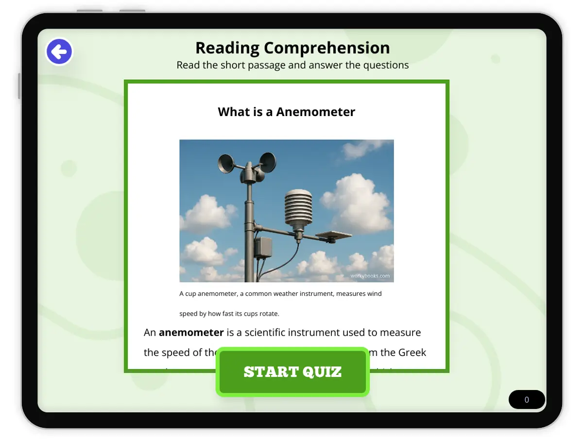 Interactive — Reading Comprehension preview: What is a Anemometer covering  standards - Page 1 of null
