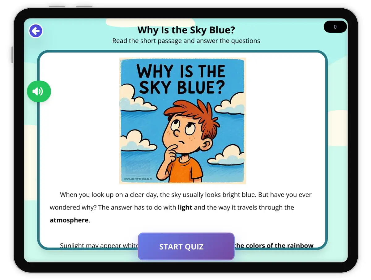 Interactive — Reading Comprehension preview: Why Is the Sky Blue? covering  standards - Page 1 of null