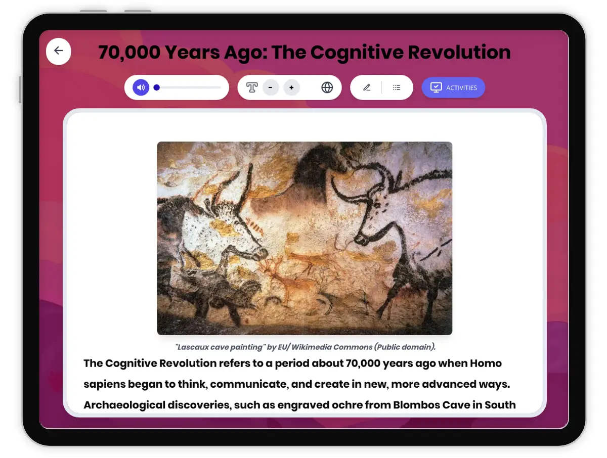 Interactive — Reading Comprehension preview: 70,000 Years Ago: The Cognitive Revolution covering  standards - Page 1 of 1