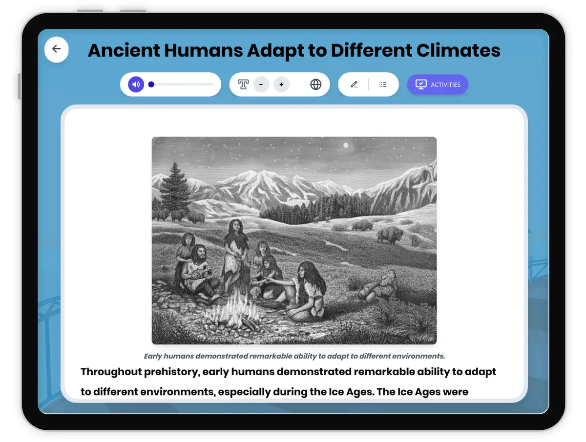 Interactive — Reading Comprehension preview: Ancient Humans Adapt to Different Climates covering  standards - Page 1 of 1