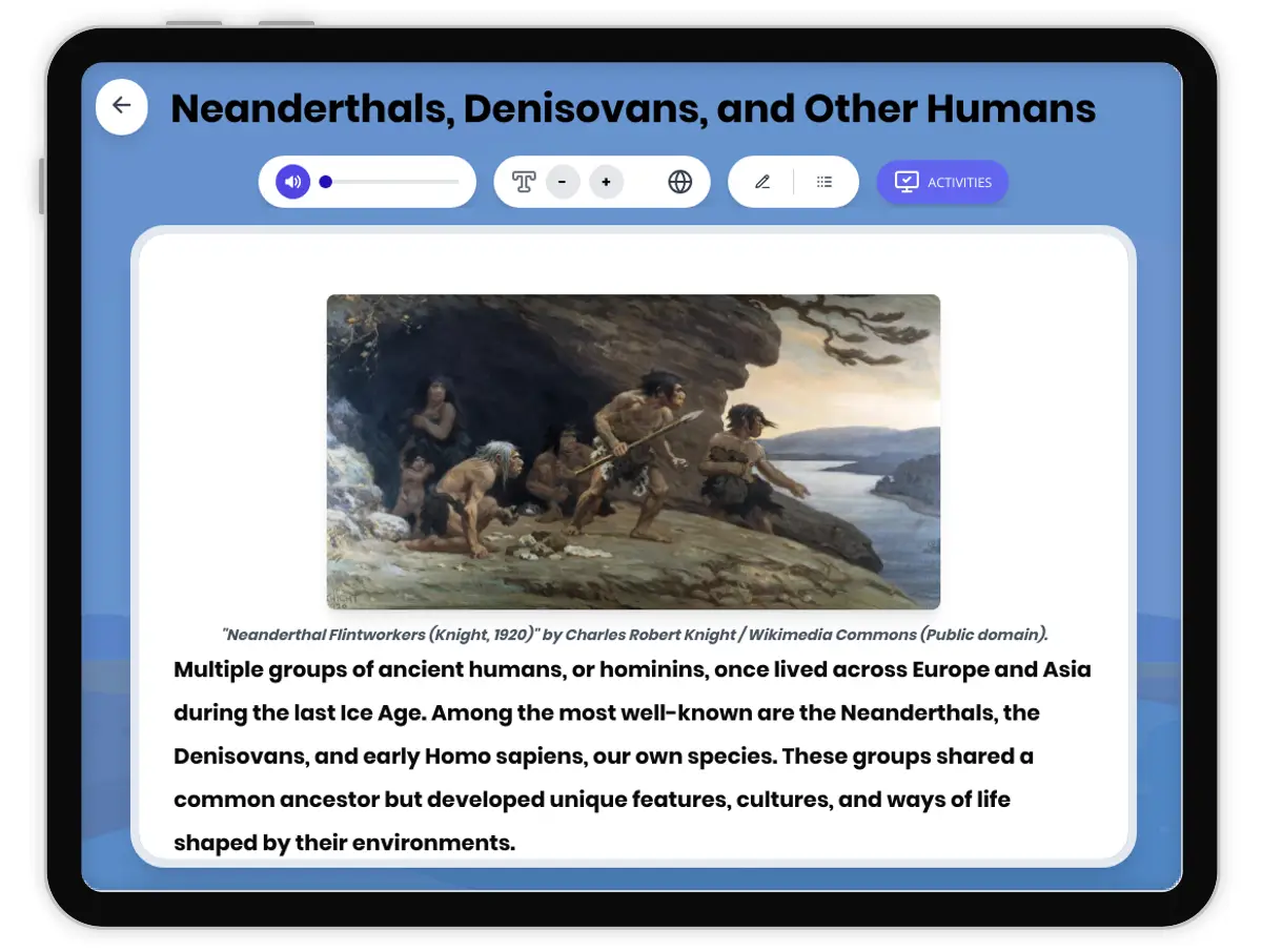 Interactive — Reading Comprehension preview: Neanderthals, Denisovans, and Other Humans covering  standards - Page 1 of 1