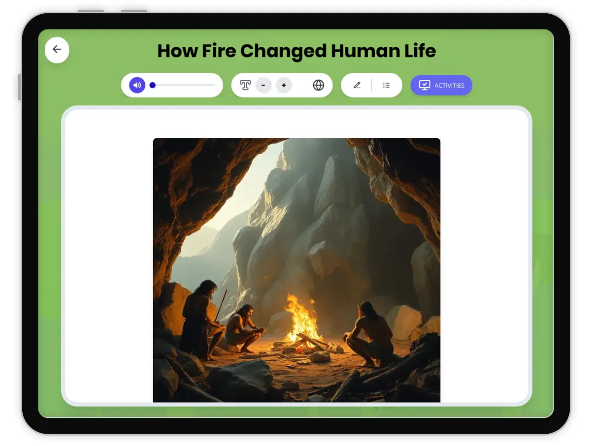 Interactive — Reading Comprehension preview: How Fire Changed Human Life covering  standards - Page 1 of 1