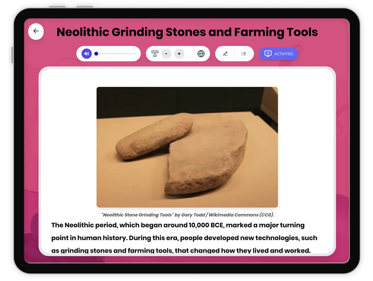 Interactive — Reading Comprehension preview: Neolithic Grinding Stones and Farming Tools covering  standards - Page 1 of 1