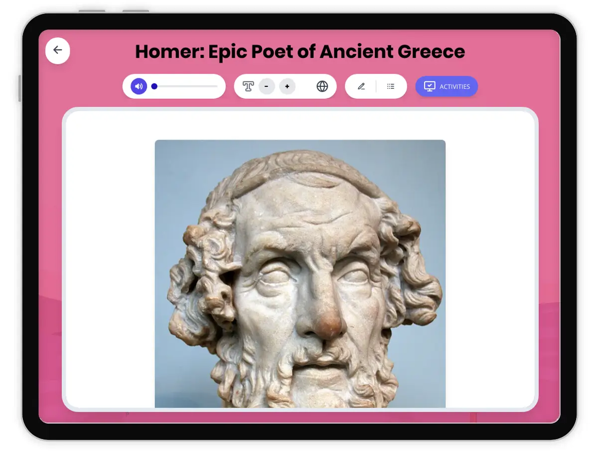 Interactive — Reading Comprehension preview: Homer: Epic Poet of Ancient Greece covering  standards - Page 1 of 1