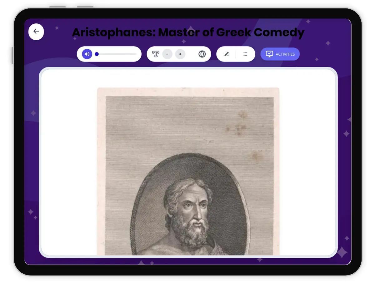 Interactive — Reading Comprehension preview: Aristophanes: Master of Greek Comedy covering  standards - Page 1 of 1